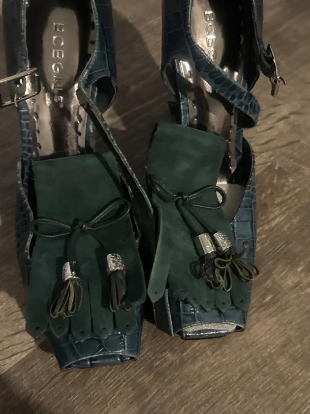 BCBGeneration Green Suede and Teal Croc-Embossed Tassel Platform Heels - Picture 1 of 5